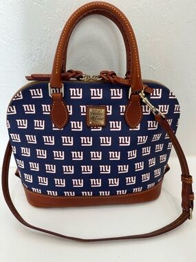 Dooney & Bourke Navy New York Giants Logo Dome Satchel with Brown Leather Trim